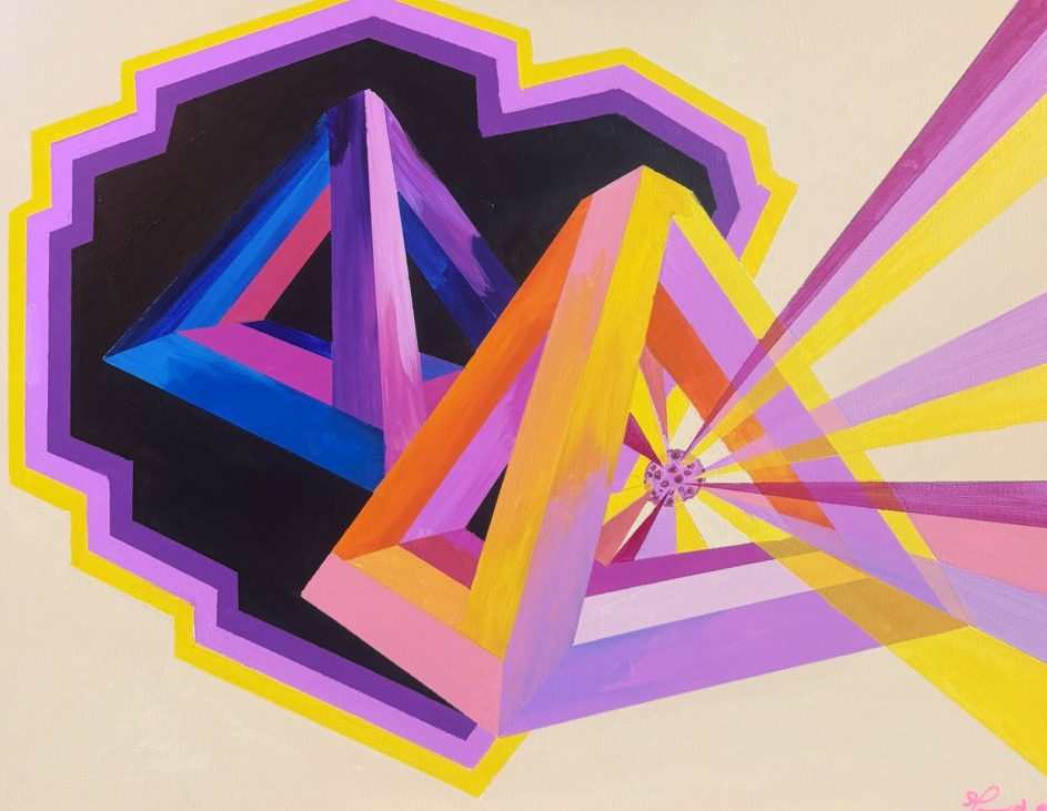 Octobre Rose 2026, acrylique sur toile : deux pyramides impossibles, une boule au centre et des rayons qui la traversent