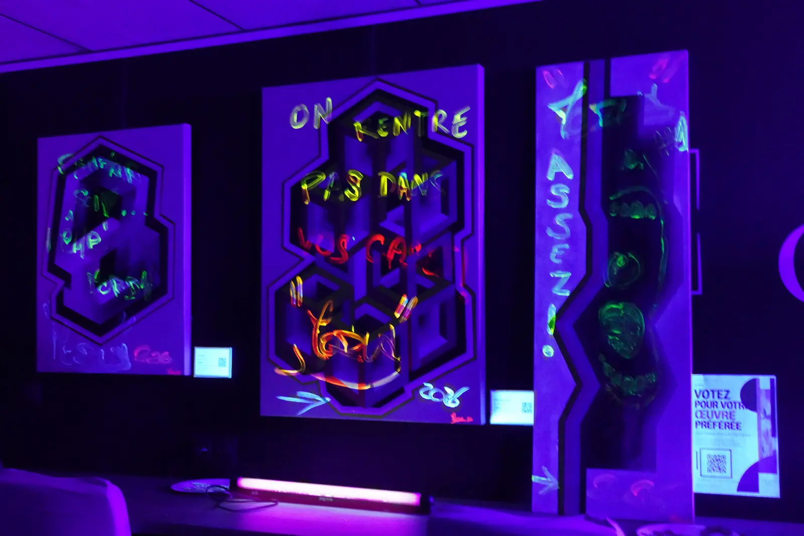 Vue des œuvres de l’exposition éclairées par les UV
